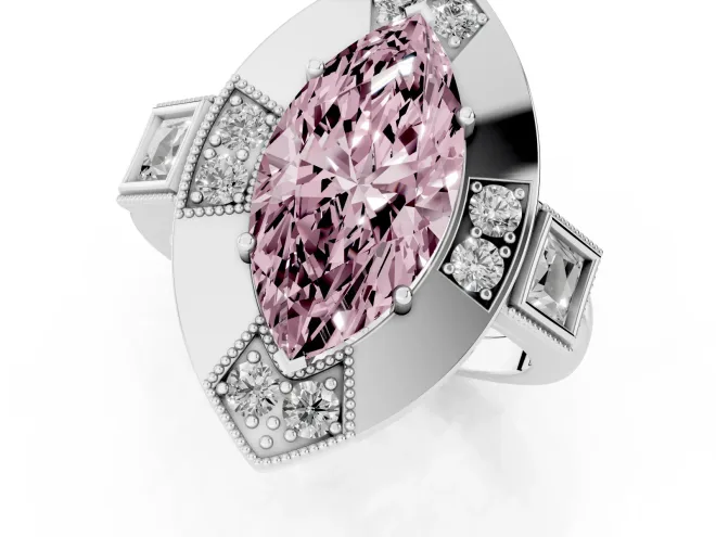 Fancy Pink Marquise Cut Diamond Milgrain Halo Ring Set in Silver with Split Shank – second view