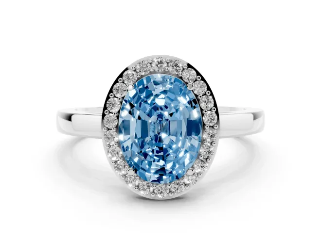 Oval Thin Halo Engagement Ring Setting for a Fancy Blue Lab-Grown Diamond | Plain Band | White Gold