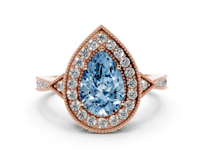 Pear-Shaped Milgrain Halo Engagement Ring Setting for a Fancy Blue Lab-Grown Diamond | Graduated Pavé | Rose Gold