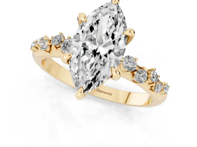 Marquise Cut Diamond Solitaire Vine Band Ring Set in Yellow gold with Round Accents and Prong Setting – second view