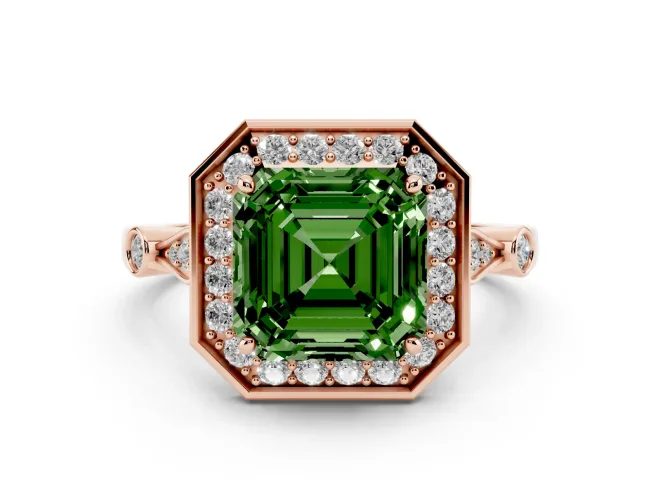 Asscher Cut Halo Engagement Ring Setting for a Fancy Green Lab-Grown Diamond | Bezel Station Shoulders | Rose Gold