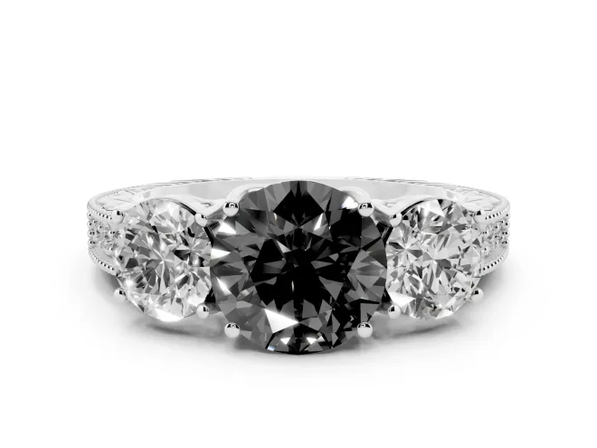 Round Vintage Three Stone Engagement Ring Setting for a Black Center | White Gold