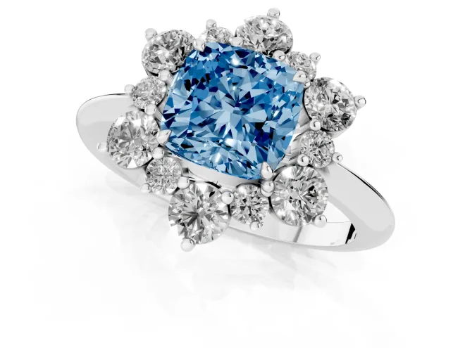 Fancy Blue Cushion Cut Diamond Cluster Halo Ring Set in Platinum with Solitaire Band and Prong Setting – second view