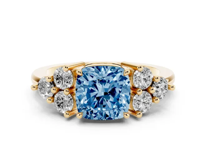Cushion Cut Cluster Side Stone Engagement Ring Setting for a Fancy Blue Lab-Grown Diamond | Plain Band | Yellow Gold