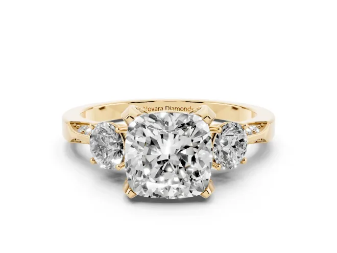 Cushion Cut Hidden Halo Three Stone Engagement Ring Setting | Pave Gallery | Yellow Gold