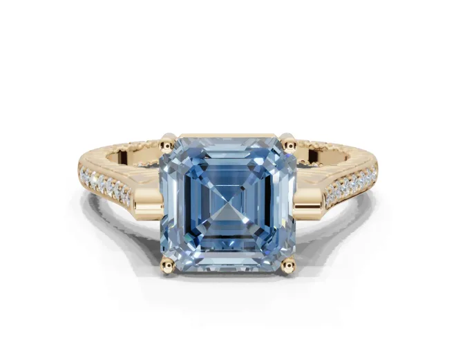 Asscher Cut Vintage Cathedral Engagement Ring Setting for a Fancy Blue Lab-Grown Diamond | Carved Band | Yellow Gold