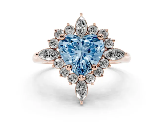 Fancy Blue Heart Cut Diamond Cluster Halo Ring Set in Rose gold with Marquise and Round Accents