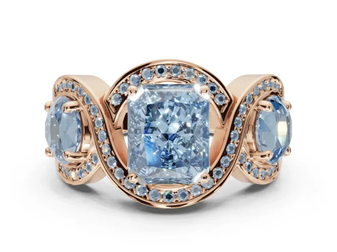 Radiant Cut Three Stone Halo Engagement Ring Setting for a Fancy Blue Lab-Grown Diamond | Pavé Wave Band | Rose Gold