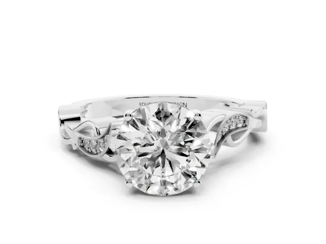 Round Cut Diamond Vine Band Solitaire Ring Set in White gold with Milgrain Prong Setting