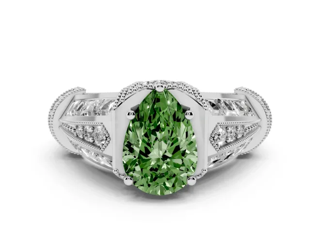 Fancy Green Pear Cut Diamond Vintage-Inspired Milgrain Ring Set in Silver with Accent Split Shank