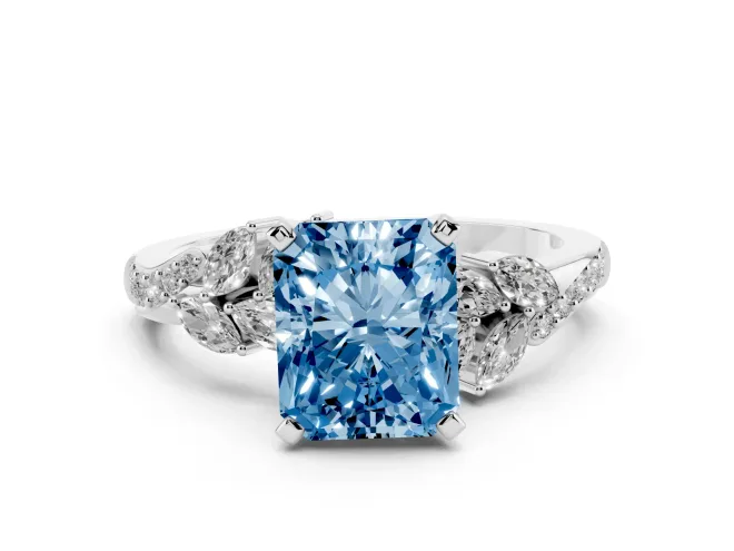 Radiant Cut Floral Engagement Ring Setting for a Fancy Blue Lab-Grown Diamond | Marquise Side Stones | Sterling Silver