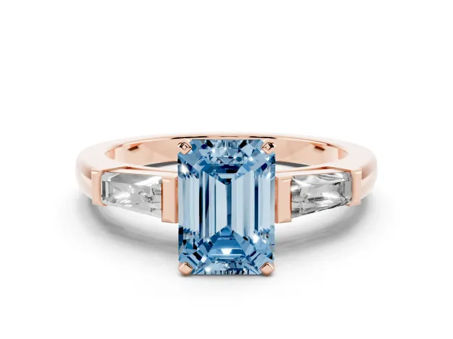 Emerald Cut Three Stone Engagement Ring Setting for a Fancy Blue Lab-Grown Diamond | Tapered Baguettes | Rose Gold