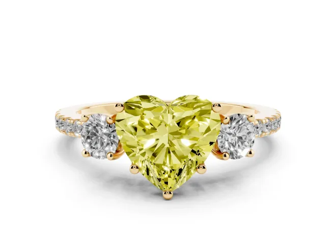 Fancy Yellow Heart Cut Diamond Three-Stone Ring Set in Yellow gold with Pavé Band and Graduated Sides