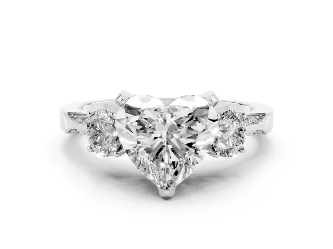 Heart Cut Diamond Three-Stone Ring Set in Silver with Pavé Band and Smaller Side Stones