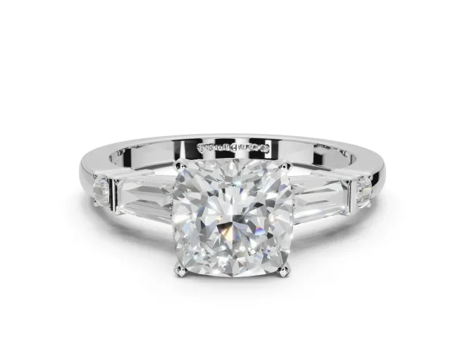 Cushion Cut Tapered Baguette Engagement Ring Setting | Bar Set Sides | Platinum