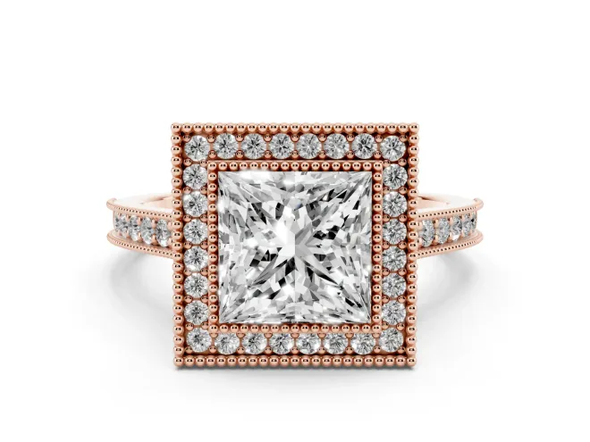 Princess Cut Vintage Milgrain Halo Engagement Ring Setting | Bezel Head | Rose Gold