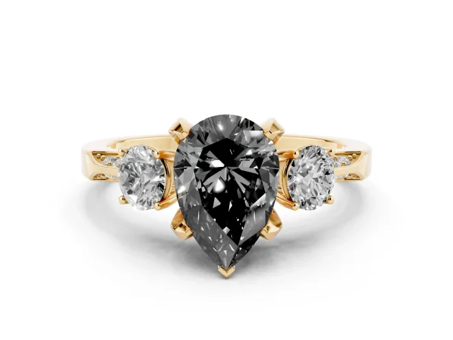 Fancy Black Pear Cut Diamond Three-Stone Ring Set in Yellow gold with Pavé Band and Smaller Side Stones