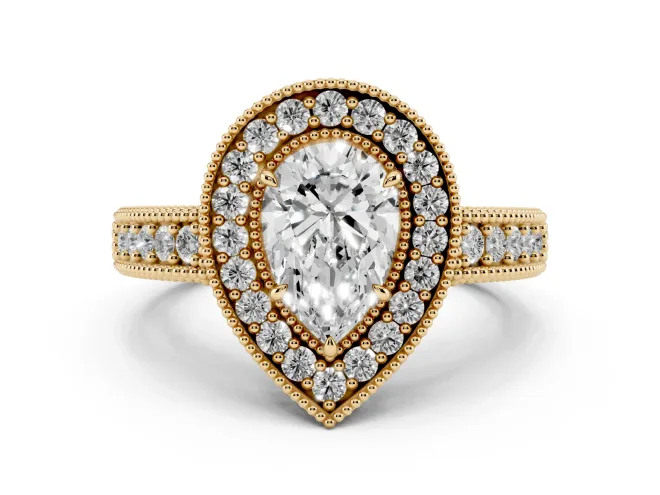 Pear-Shaped Vintage Milgrain Halo Engagement Ring Setting | Carved Leaf Detail | Yellow Gold