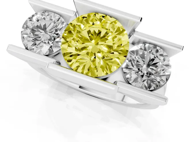 Fancy Yellow Round Cut Diamond Three-Stone Channel Set Ring Set in White gold with Smooth Polished Band – second view