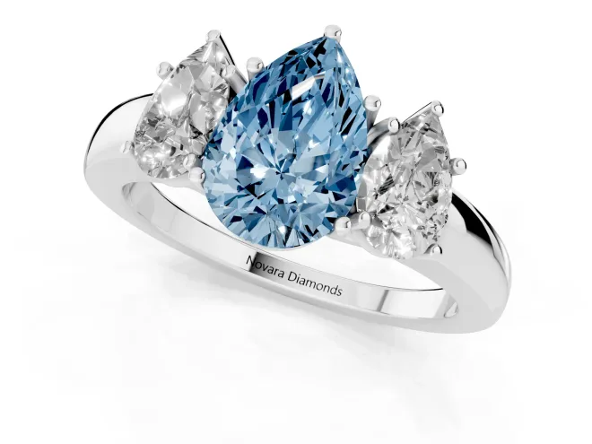 Fancy Blue Pear Cut Diamond Three-Stone Ring Set in Silver with Bold Center and Classic Band – second view