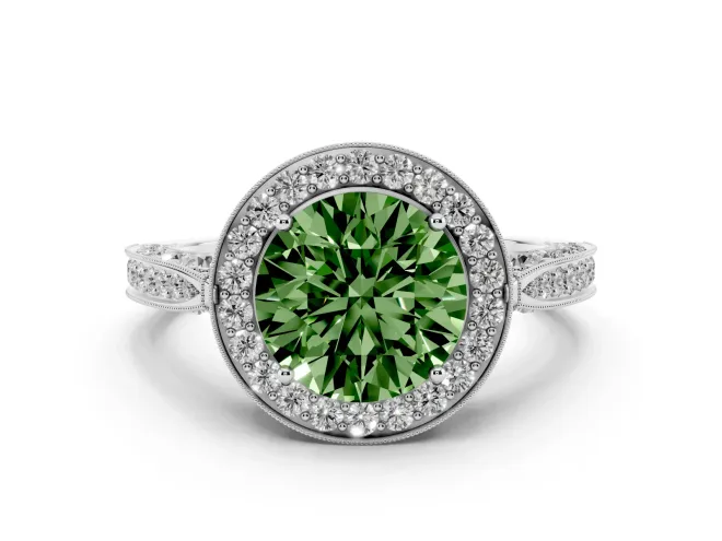 Fancy Green Round Cut Diamond Halo Engagement Ring Set in Silver with Accent Split Shank Band