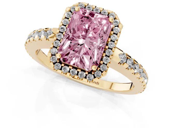 Fancy Pink Radiant Cut Diamond Halo Ring Set in Yellow gold with Pavé Shoulders and Halo-Framed Center – second view