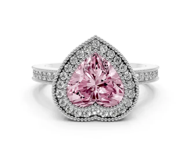 Fancy Pink Heart Cut Diamond Round Halo Ring Set in White gold with Pavé Band