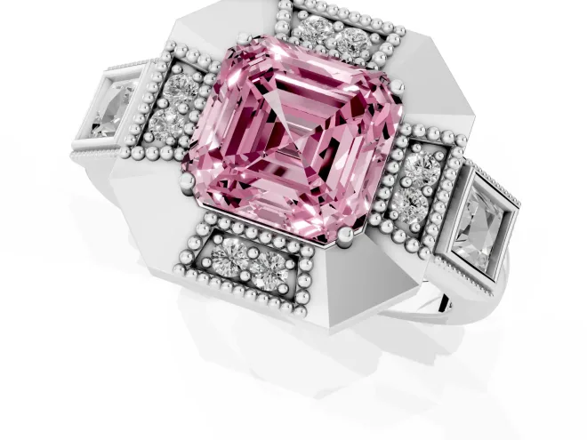 Fancy Pink Asscher Cut Diamond Milgrain Halo Ring Set in Silver with Split Shank – second view