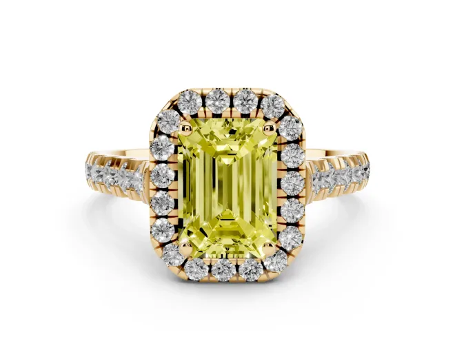 Emerald Cut Accented Halo Engagement Ring Setting for a Fancy Yellow Lab-Grown Diamond | Yellow Gold