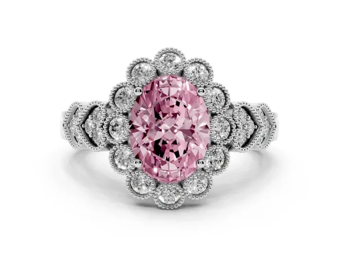 Oval Scalloped Halo Engagement Ring Setting for a Fancy Pink Lab-Grown Diamond | Heart Pavé Band | White Gold