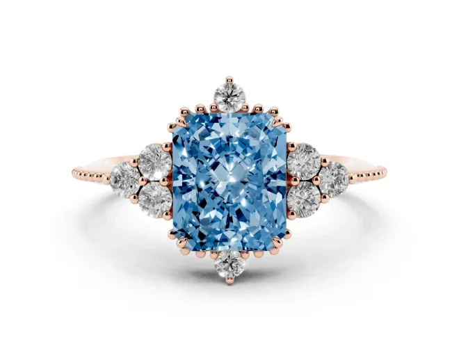 Radiant Cut Cluster Engagement Ring Setting for a Fancy Blue Lab-Grown Diamond | Rose Gold