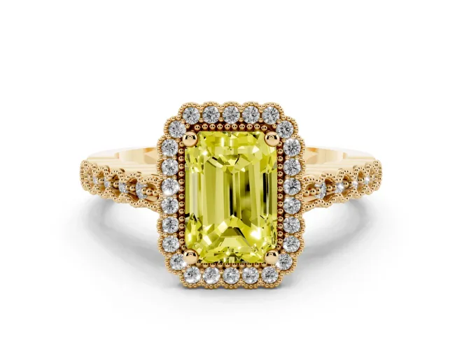 Radiant Cut Milgrain Halo Engagement Ring Setting for a Fancy Yellow Lab-Grown Diamond | Beaded Shoulders | Yellow Gold