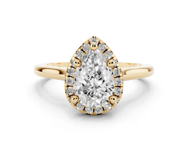 Pear Cut Diamond Halo Engagement Ring Set in Yellow gold with Pavé Band and Rising Shoulders