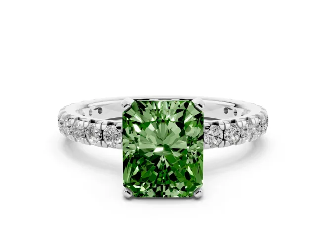 Fancy Green Radiant Cut Diamond Pavé Solitaire Ring Set in White gold with Round Band and Prong Setting