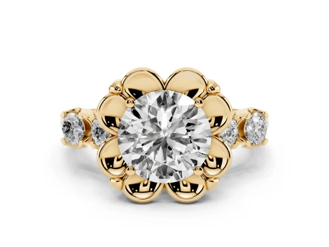 Round Floral Engagement Ring Setting | Petal Frame and Side Stones | Yellow Gold