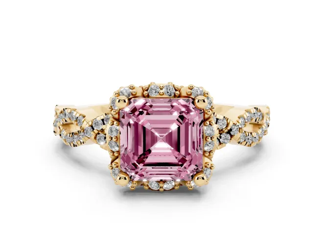 Asscher Cut Milgrain Halo Engagement Ring Setting for a Fancy Pink Lab-Grown Diamond | Graduated Shoulders | Yellow Gold