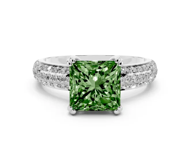 Princess Cut Three Row Pavé Engagement Ring Setting for a Fancy Green Lab-Grown Diamond | Platinum