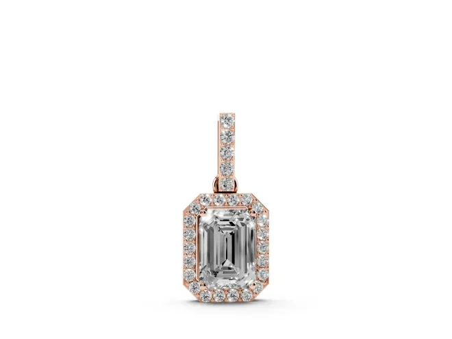 Emerald Cut Diamond Halo Pendant Set in Rose gold with Prong-Set Center