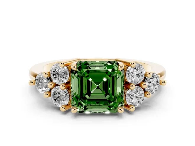 Fancy Green Asscher Cut Diamond Solitaire Ring Set in Yellow gold with Cluster Accents on Each Side