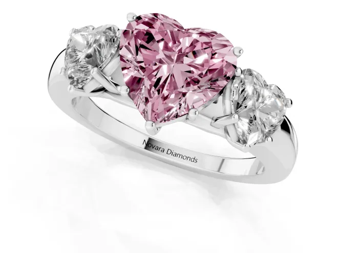 Fancy Pink Heart Cut Diamond Three-Stone Ring Set in Silver with Bold Center and Classic Band – second view