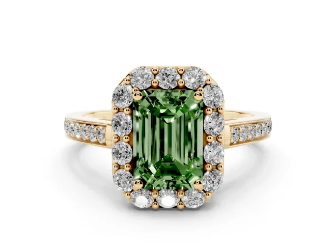 Emerald Cut Floral Halo Engagement Ring Setting for a Fancy Green Lab-Grown Diamond | Large Round Accents | Yellow Gold