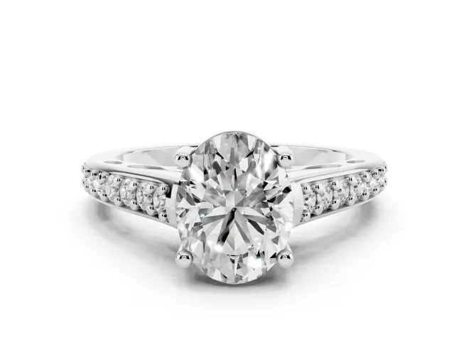 Oval Cut Diamond Prong Set Solitaire Engagement Ring Set in Silver with Pavé Band
