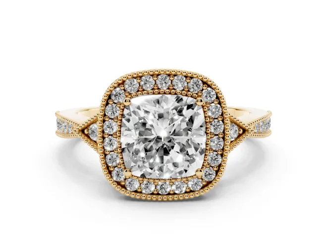 Cushion Cut Diamond Halo Engagement Ring Set in Yellow gold with Milgrain Pavé Band