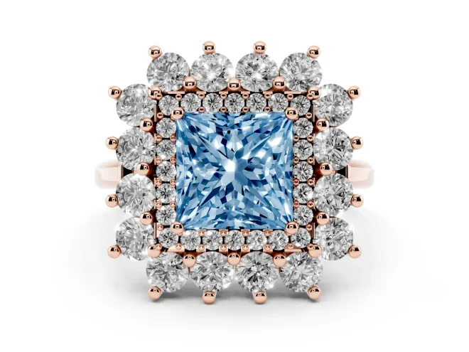 Fancy Blue Princess Cut Diamond Floral Double Halo Ring Set in Rose gold with Round Petals
