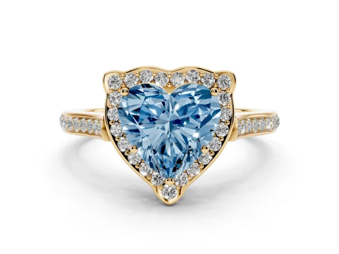 Heart-Shaped Petal Tip Halo Engagement Ring Setting for a Fancy Blue Lab-Grown Diamond | Pavé Band | Yellow Gold
