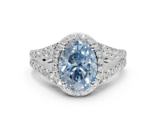 Oval Halo Pavé Engagement Ring Setting for a Fancy Blue Lab-Grown Diamond | Narrow Split Shank | Platinum