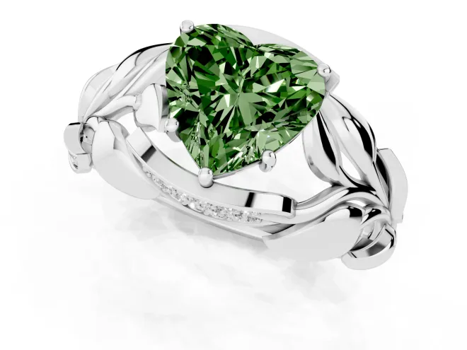 Fancy Green Heart Cut Diamond Leaf-Inspired Engagement Ring Set in White gold with Round Accents – second view