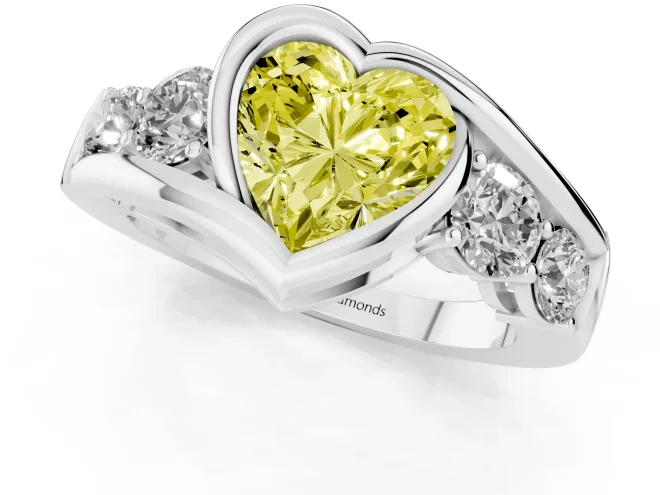 Fancy Yellow Heart Cut Diamond Bezel Bypass Ring Set in Platinum with Round Accents – second view