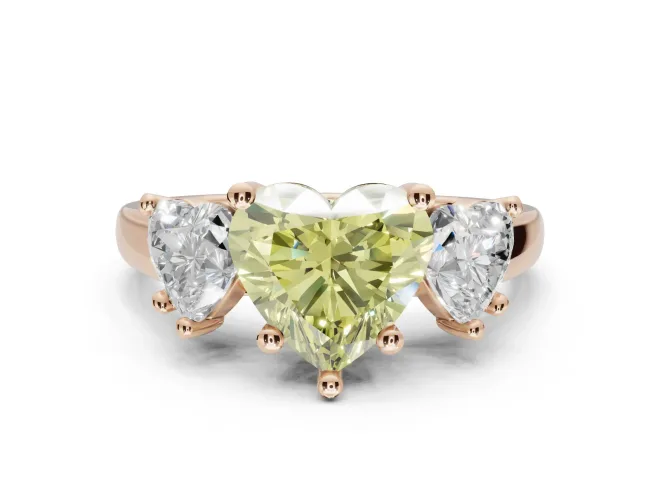Heart-Shaped Three Stone Engagement Ring Setting for a Fancy Yellow Lab-Grown Diamond | Tapered Band | Rose Gold