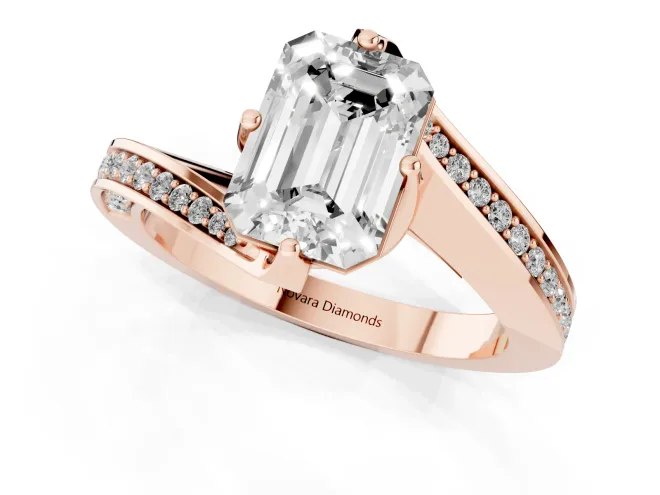 Emerald Cut Diamond Solitaire Ring Set in Rose gold with Intertwined Pavé Twist Band – second view